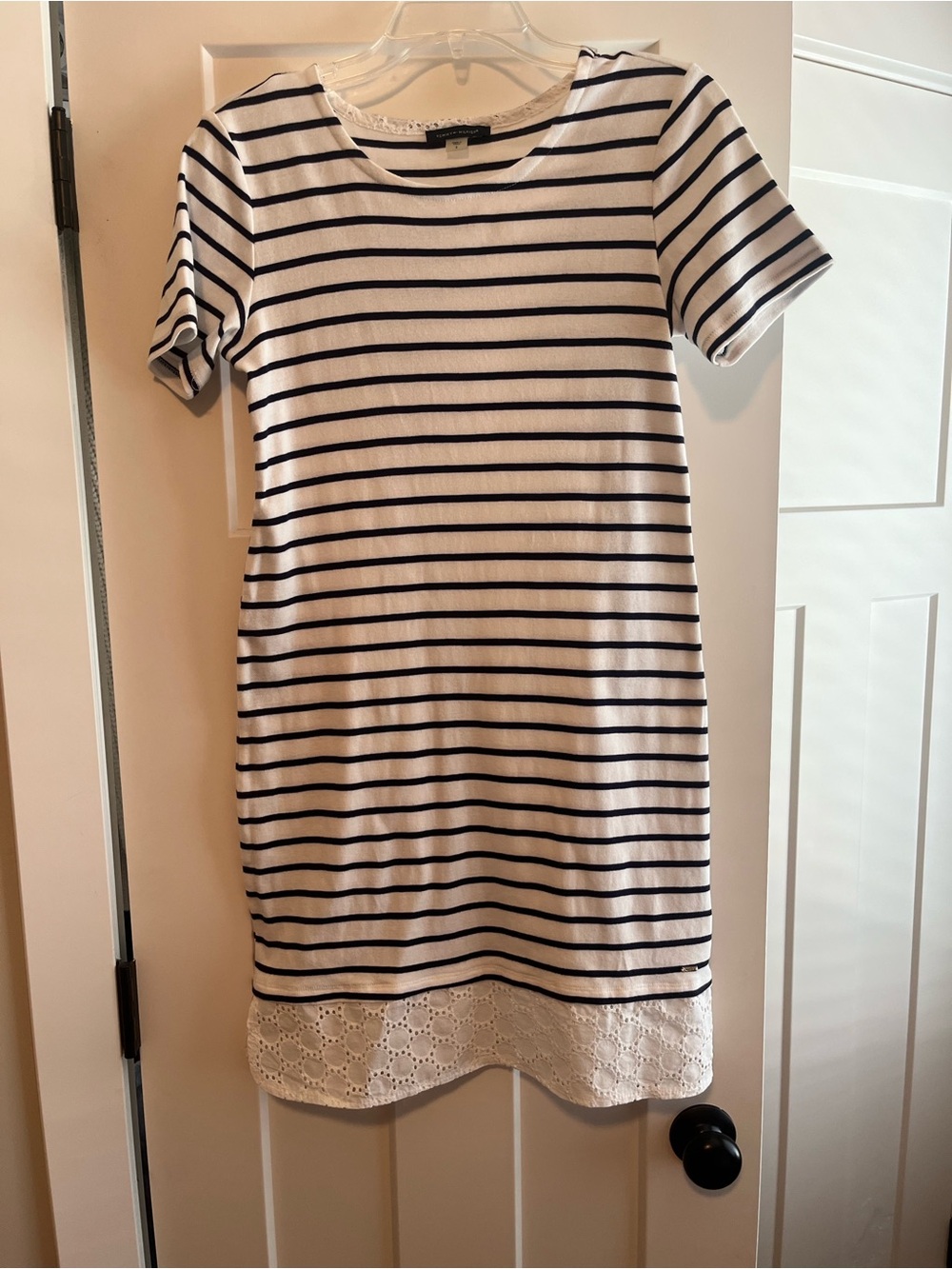 Tommy Hilfiger Striped Short-Sleeve Lace-Hem Dress - White & Navy